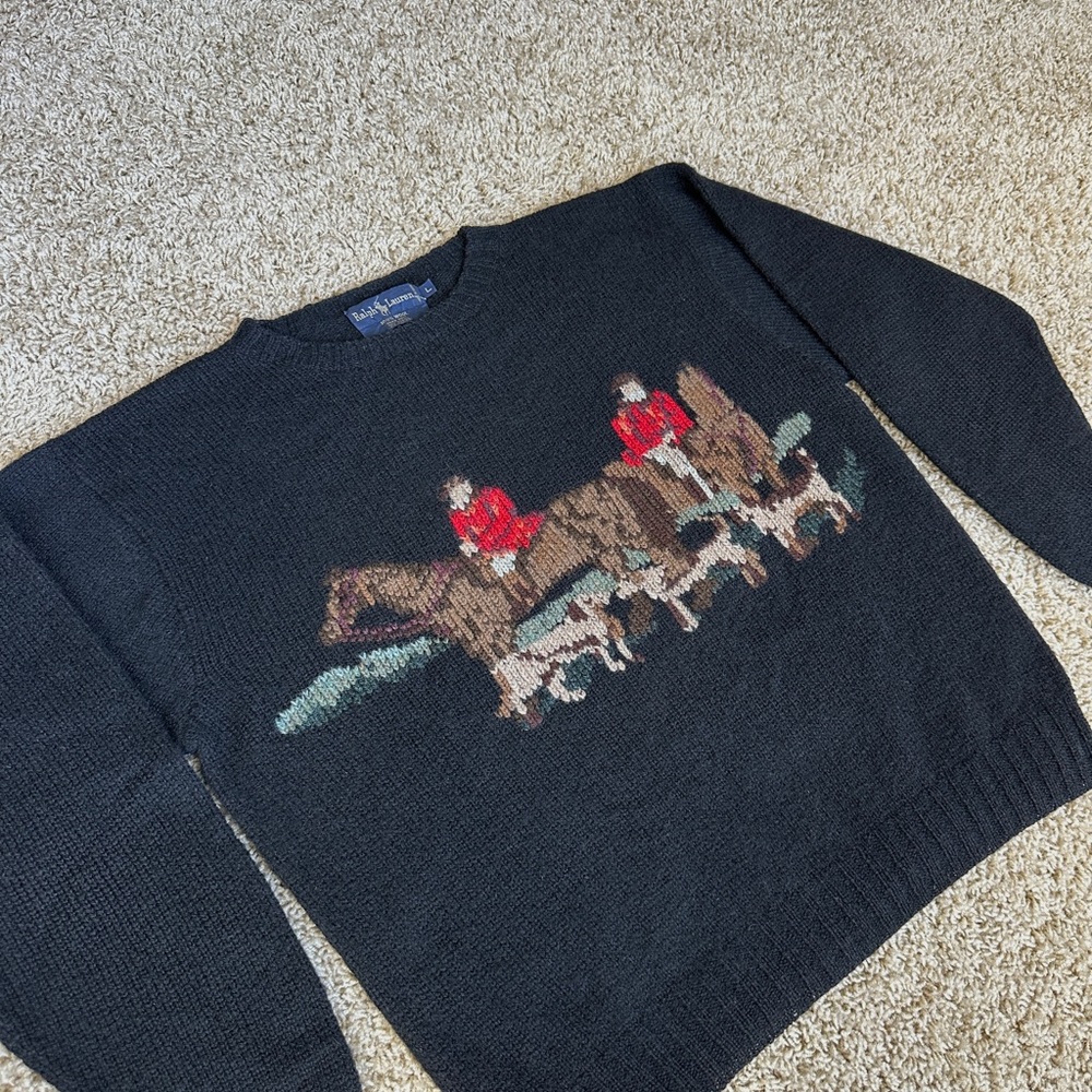RARE - RALPH LAUREN Vtg Equestrian Horse English Hunt Wool Hand Knit Sweater L - Picture 15 of 15